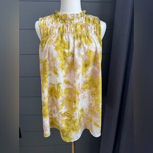 Joie Yellow Sleeveless Ruffled Porcelain Print Lightweight Spring Summer Top M